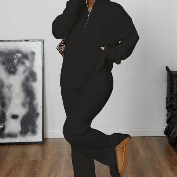 Black Casual Women's Streetwear Matching Sweater Set - Picture 3 of 7